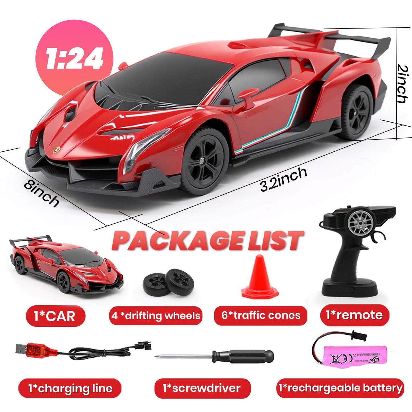 QUN XING Remote Control Car 1:24 Officially Licensed Lambo veneno RC Drift Car with LED Lights 2.4GHz 4WD 15KM/H Fast Speed Control Rechargeable Battery 800mah Birthday for Kids Boys 8-12，red