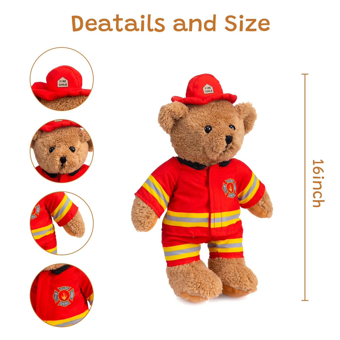 HollyHOME Firefighter Stuffed Animal Teddy Bear Soft Plush Toy with Firefighter Uniform Fire Fighter Doll Gifts for Kids and Firefighters Holiday Birthday Valentine 16 inches