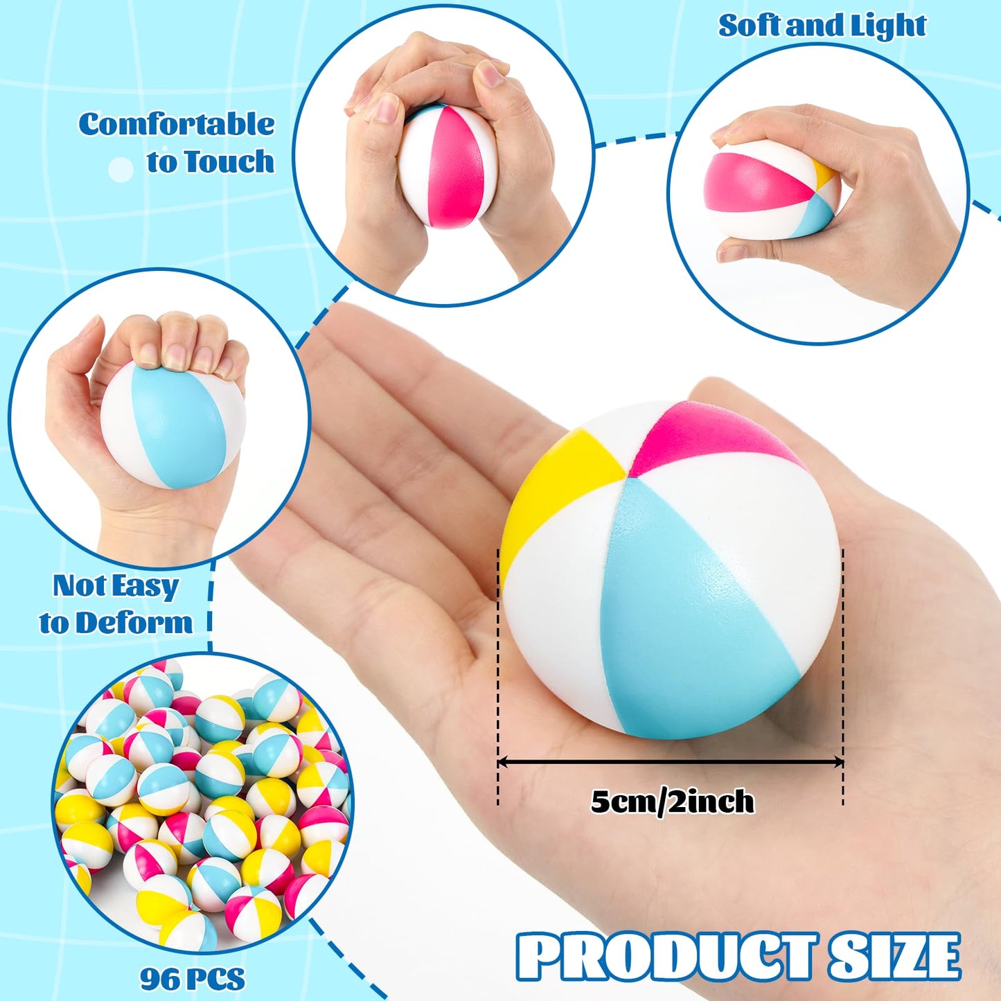 96 Pcs Beach Stress Balls Bulk 2" Mini Relief Stress Ball Pu Foam Squeezy Balls Summer Swimming Pool Game Toy Rainbow Beach Ball for Hawaiian Beach Birthday Party Favor School Carnival Reward