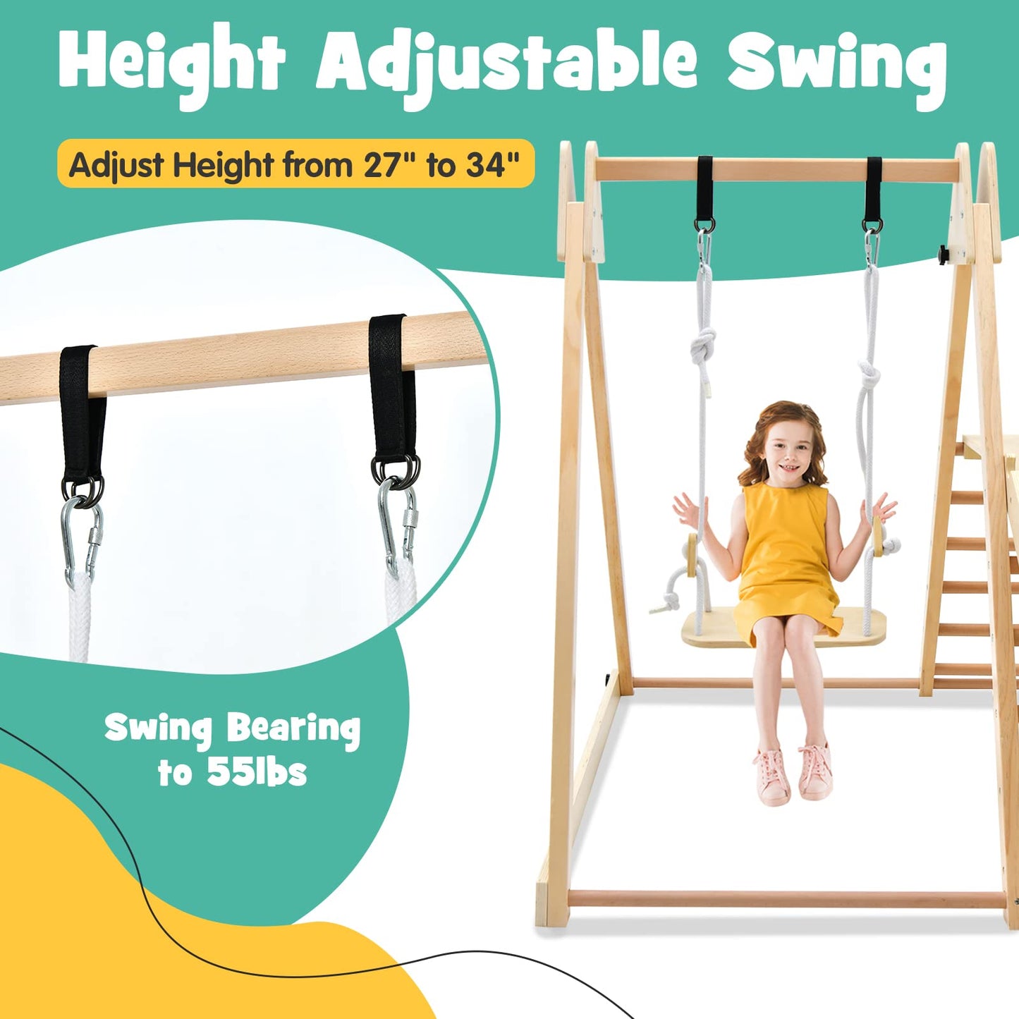 OLAKIDS Indoor Jungle Gym 4 in 1 Foldable Toddler Wooden Montessori Baby Climbing Toys with Swing Slide Ramp Ladder for Kids Playground Climb Activity Play Structure