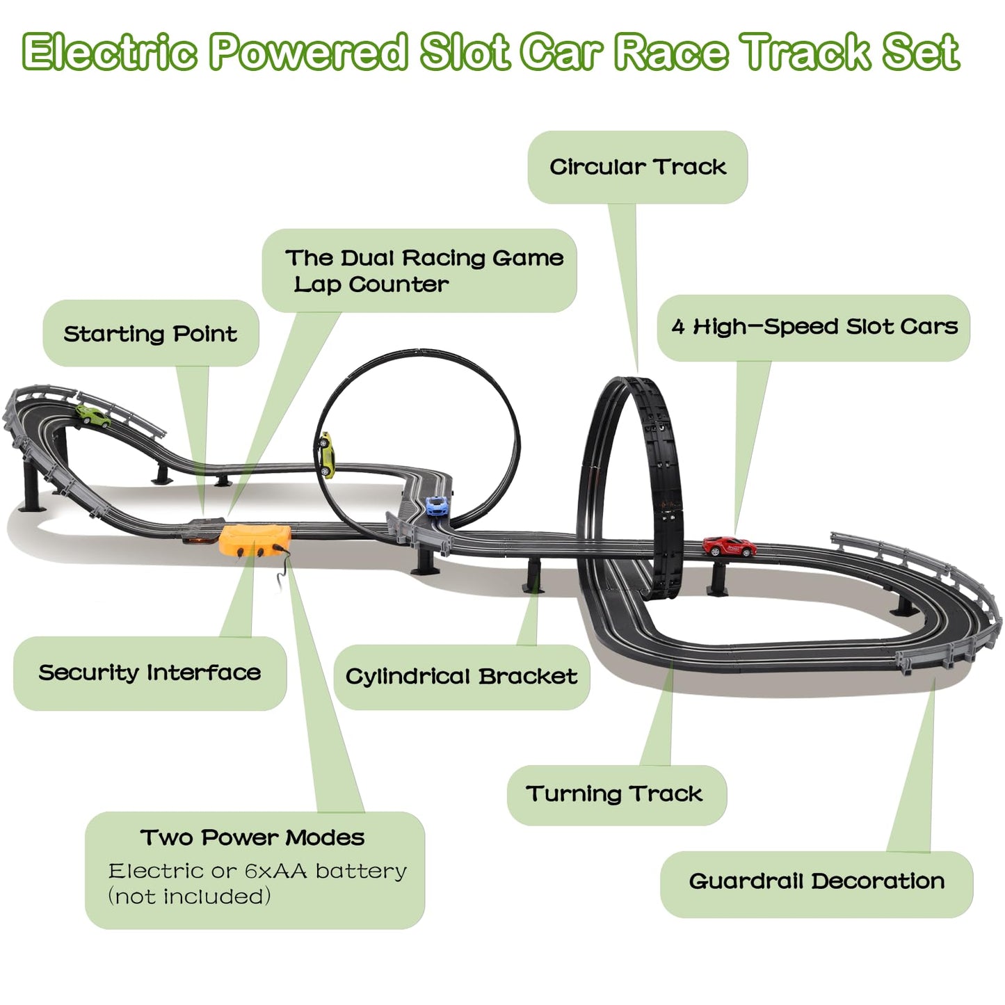 Slot Car Race Track Sets, 23ft Battery Powered or Electric Track with 4 Slot Cars, Dual Racing Game Lap Counters, Race Track Set Features a Loop, Turns, Straightaways and a Crossover for Boys Age 6-12