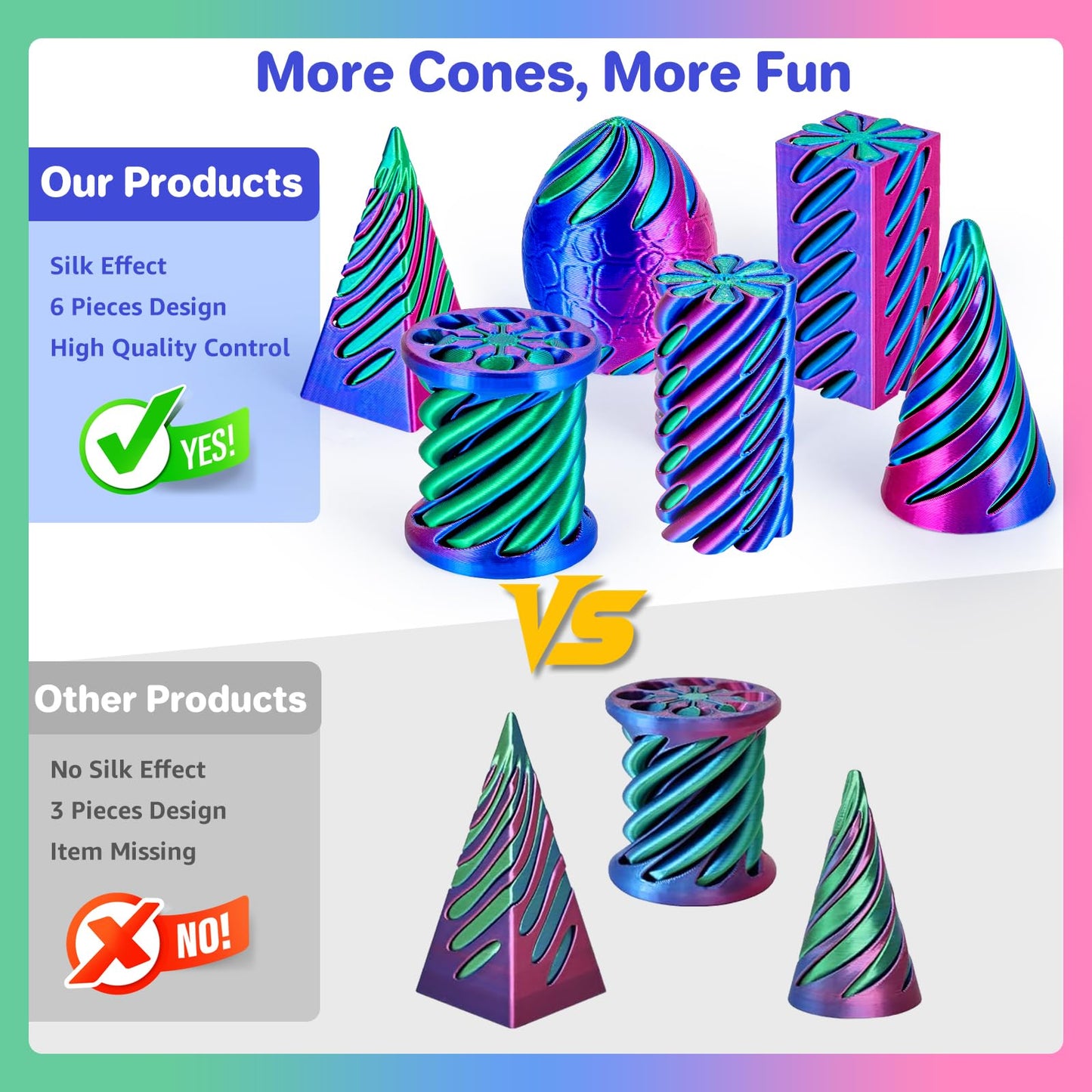 dikale 6 Packs Spiral Cone 3D Printed Fidget Toy Set, Flexible Impossible Cone Pyramid Passthrough Toys for Stress Relief, Fun Desk Deco Relaxing Gift for Kids Adults, Rose Red+Blue+Green