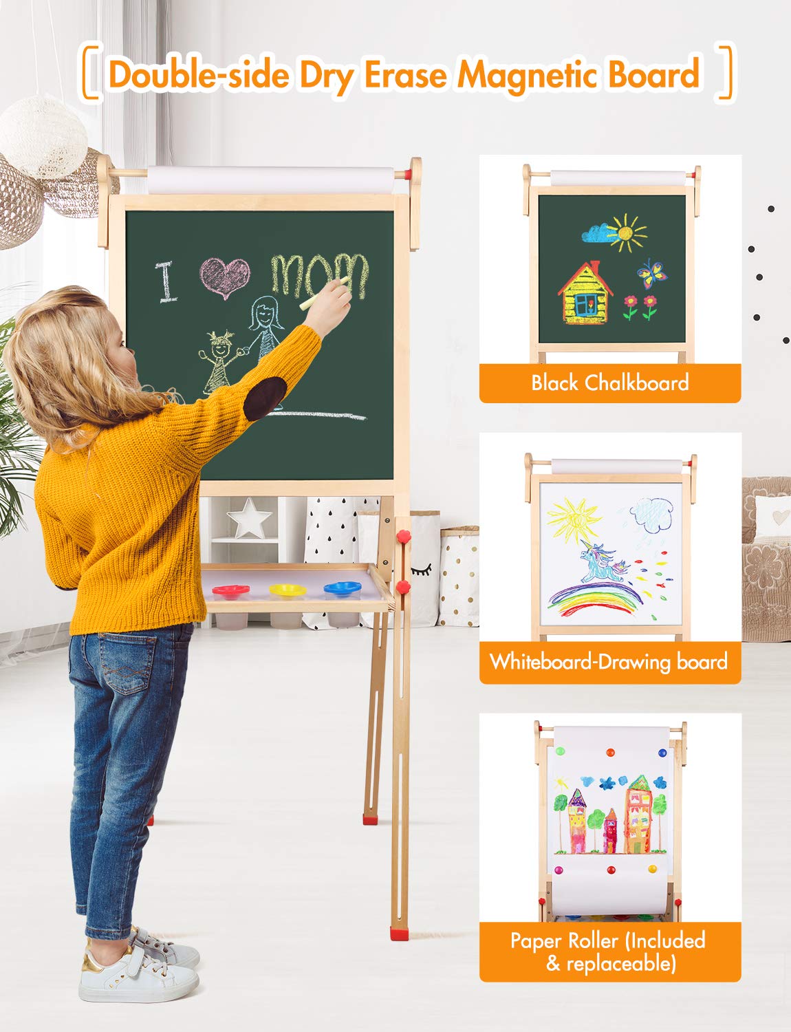 YOHOOLYO Kids Easel Wooden Children Art Easel Paper Roll,Double Sided Magnetic Whiteboard Chalkboard Dry Eraser Adjustable Height for Boys Girls Gifts