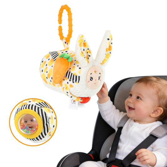 littlove Baby Car Seat Toys Hanging-Carseat Bunny Cube Toy, Infant Sensory Toys for 6 7 8 9 10 11 12 Months, Travel Activity with Rattle, Montessori Plush Newborn Girl Boy Gifts