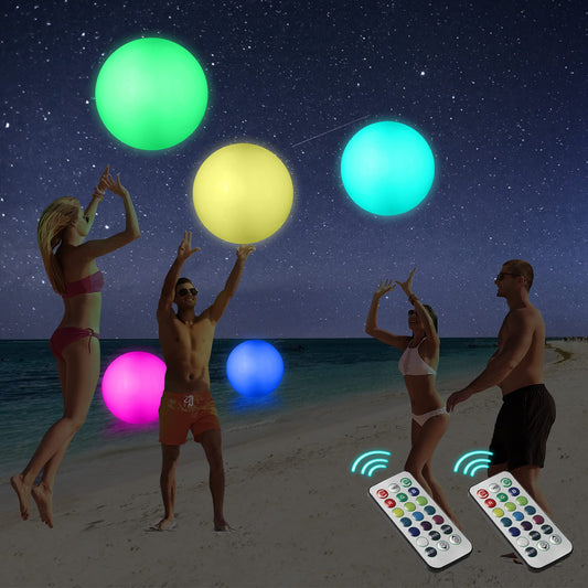 Icnice LED Beach Balls Glow in Dark Party Supplies, 2pcs Inflatable Light up Ballon 16'' Floating Pool Light with Remote 16 Color 4 Mode Beach Game Pool Toy Kickball for Neon Party Decoration-4 Lights