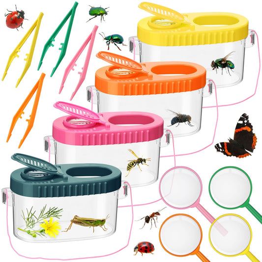 Halloscume 4 Sets Bug Collection Kit for Kids, Explorer Outdoor Kit with Bug Containers for Insects, Magnifying Glass, Tweezers, Nature Exploration Gift Toy for Girls Boys(4 Colors)