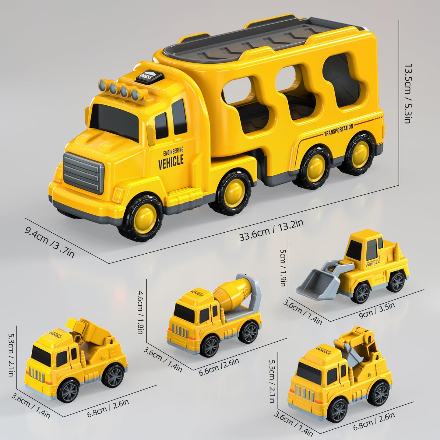 Beby Buty 5 in 1 Construction Trucks Cars Toys for Toddlers 3-5, Boy Toddler Car Truck Toys with Light Sound, Includes Crane, Mixer, Bulldozer & Excavator, Birthday Gifts Toys for 2 3 4 5 Year Boys