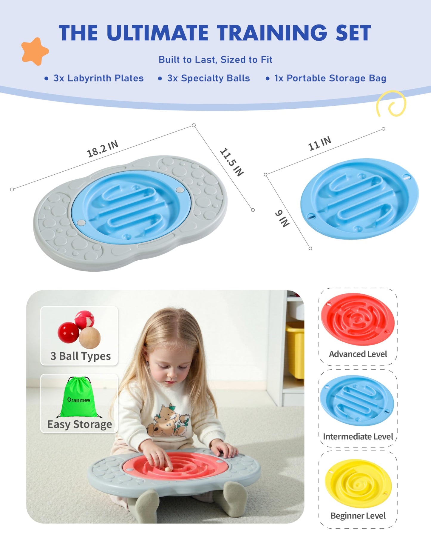 Oranmew 2-in-1 Kids Maze Balance Board, 3 Swappable Labyrinths & 3 Challenge Balls, Non-Slip Rubber Base Wobble Board for Core Training, Skate Prep & ADHD Focus, Ages 3-12