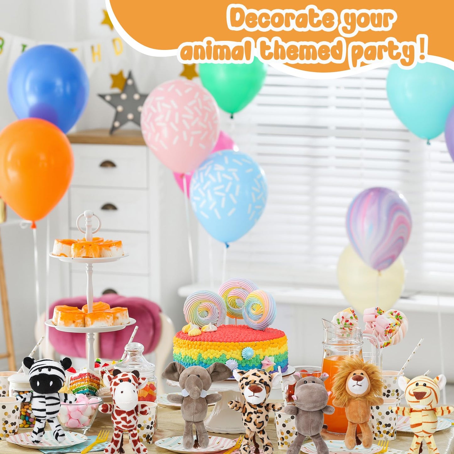 Guiqulai 14 Pcs Mini Jungle Animal Plush Toys Set, Including 14 Pcs Stuffed Safari Forest Animals with Birthday Hats, Organza Bag for Birthday Favor Theme Party