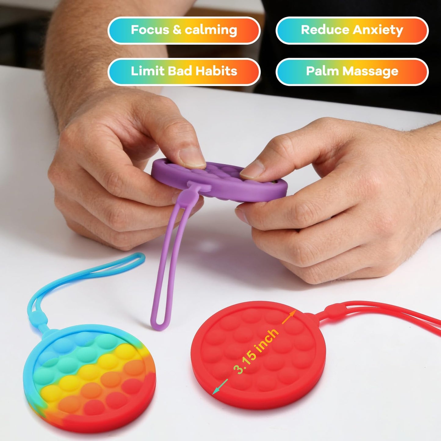 Instant Rebound Fidget Toy with Wrist Strap, No Flip Push Pop Sensory Toy, Continuous Press Bubble Toy for Kids and Adults, Silicone Stress Relief Toy, Keychain Fidget for Travel and School (Rainbow)