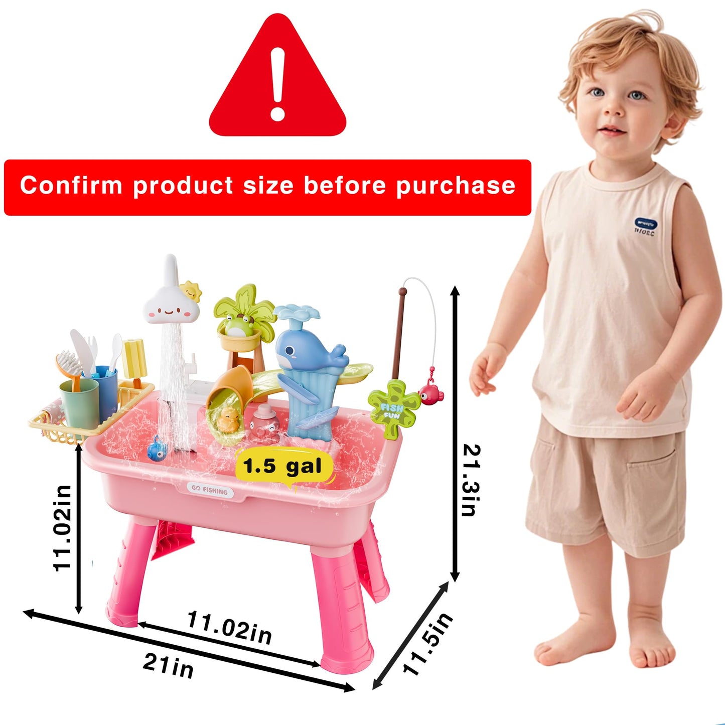 MeXYZ 2026 Upgraded Water Table for Toddler 3+, Kids Mini Play Sink Toys with Running Water & Electric Pump, Kitchen Sink Sensory Toy, Fishing Game Outdoor Water Play Table for Kids Ages 4-8, Pink