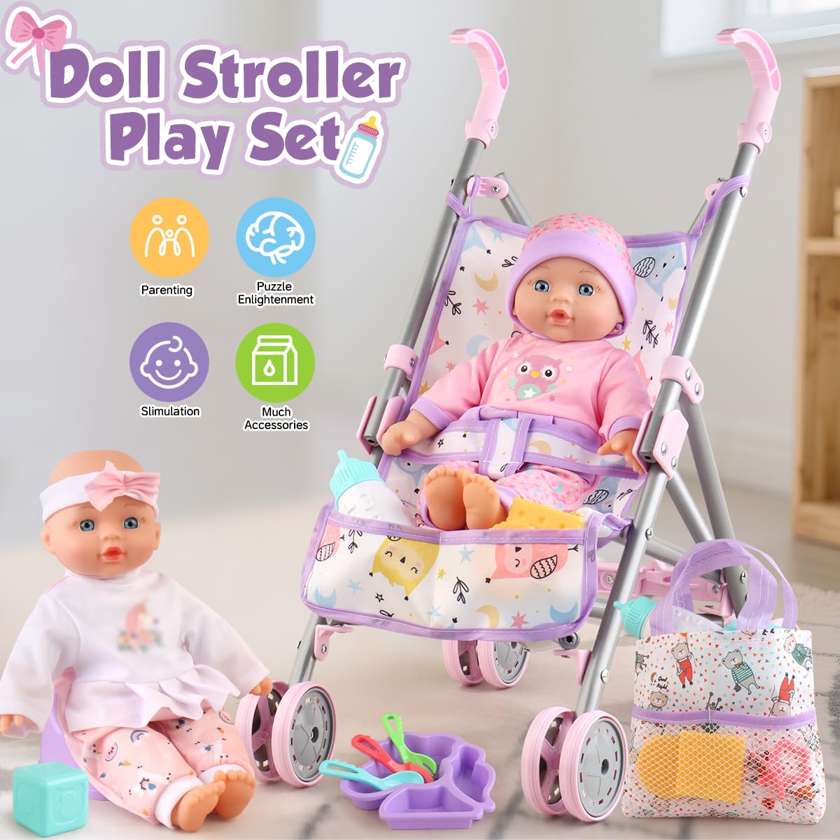 Baby Doll with Stroller Set for Realistic Pretend Play for 3 4 5 6 7 Year Old Toddler Girls Gifts. Baby Stroller Toys includes 12.5-inch Baby Dolls, 2 sets Doll Clothes and 17 PCS Doll Accessories