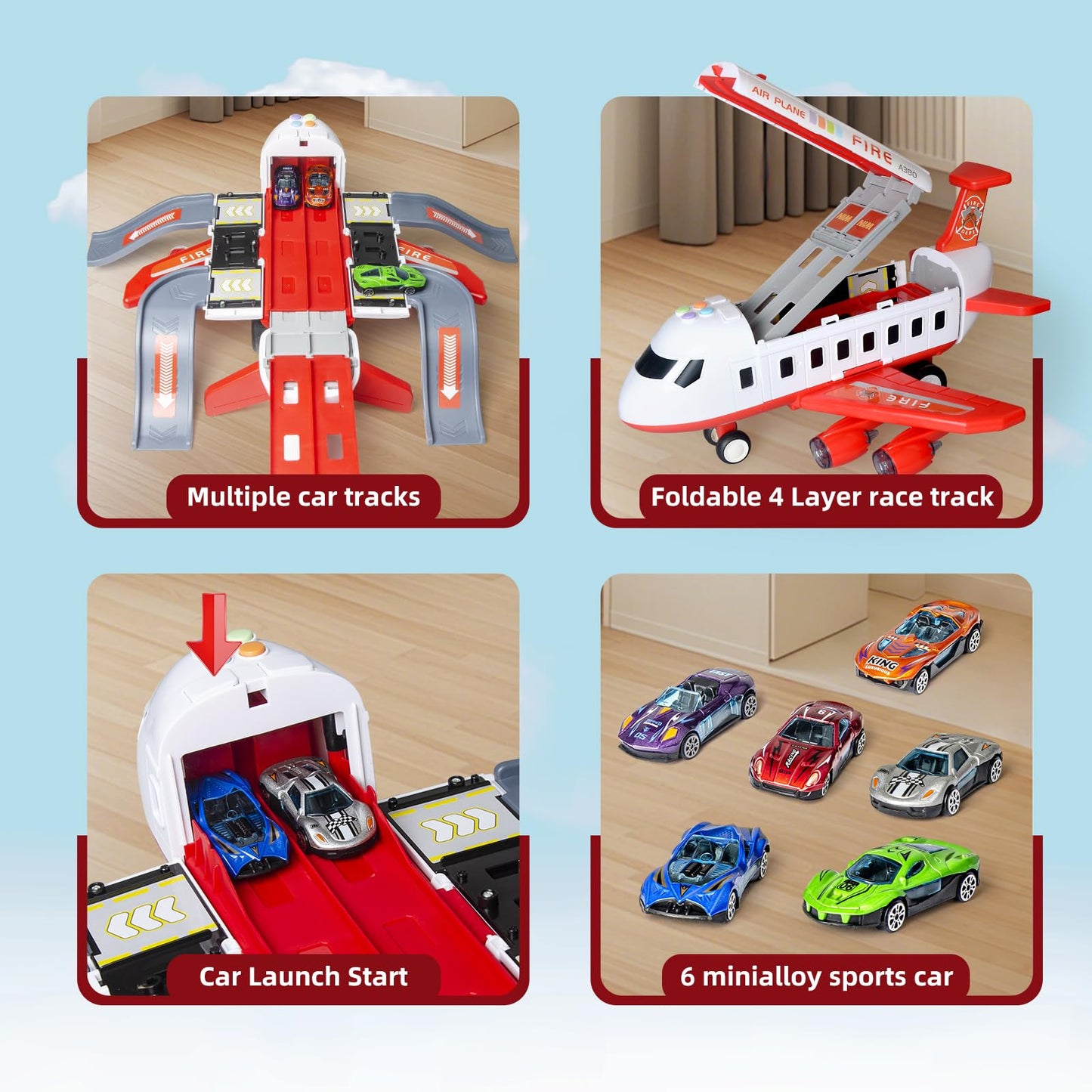 Cmartlarge Airplane Toy with 4 Layer Foldable Race Track, Transport Carrier Plane with 6 Race Cars, LED Lights & Sounds, Toddlers Toys Birthday for 3 4 5 6+ Years Old Boys Girls