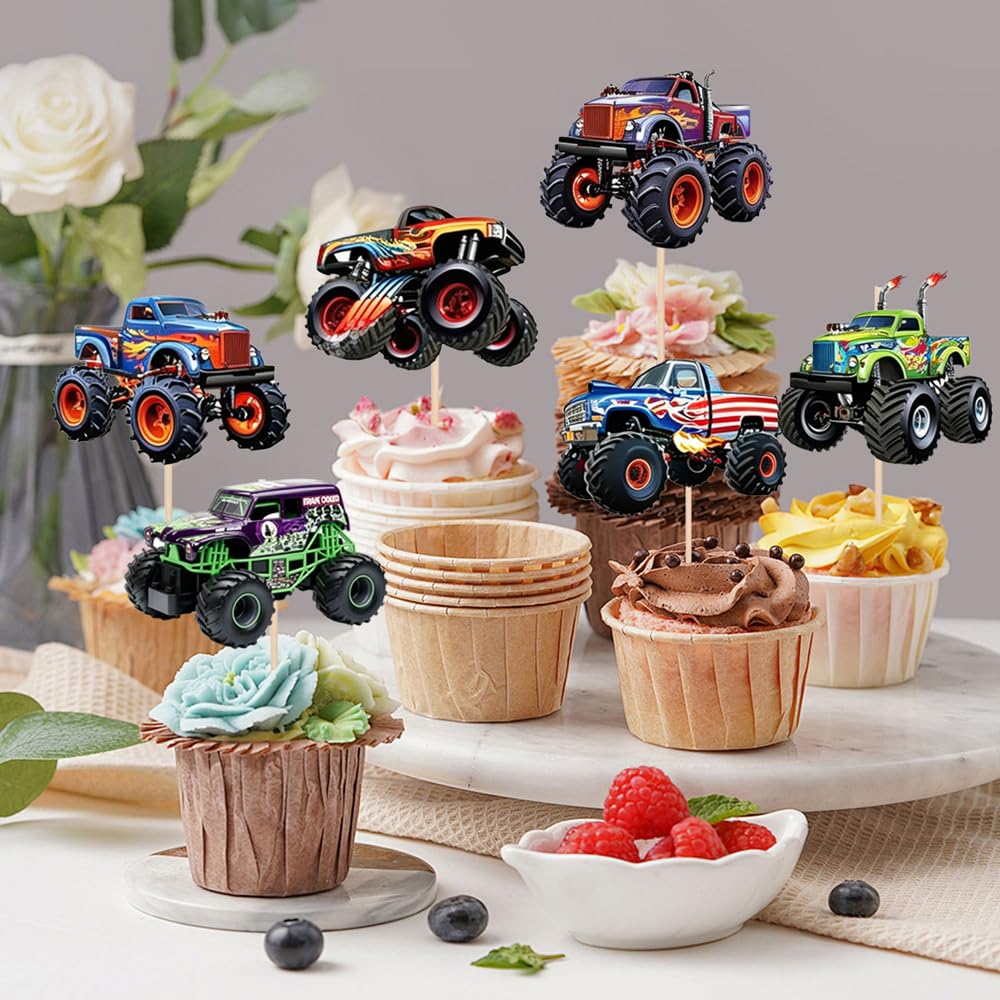 24 PCS Monster Truck Cupcake Toppers Truck Car Theme Birthday Party Decorations Racing Car Theme Birthday Decoration for Boys Girls Baby Shower Kids Cake Decorations Party Supplies