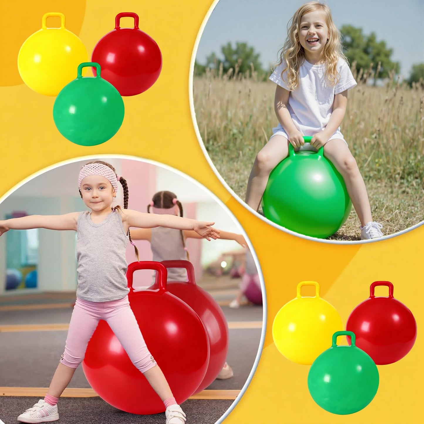 3P Bouncy Balls with Handle, 18in/45cm Sit And Spin Hopper Ball for Kids,Inflatable Jumping Ball Toy with Pump,Indoor Outdoor Fun Toys for Kids Ages 3-8,Great Gift for Birthday (Bouncy Ball-45cm)