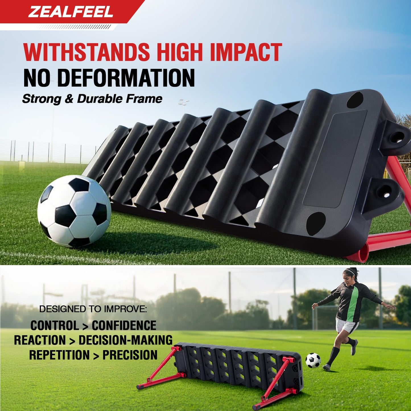 ZEALFEEL Soccer Rebounder Board, 6-in-1 Rebound Modes Portable Dual Surface Soccer Wall with 3 Adjustable Angles for Passing, Control & Reflex, Kick Back Wall Trainer Equipment for All Player Levels