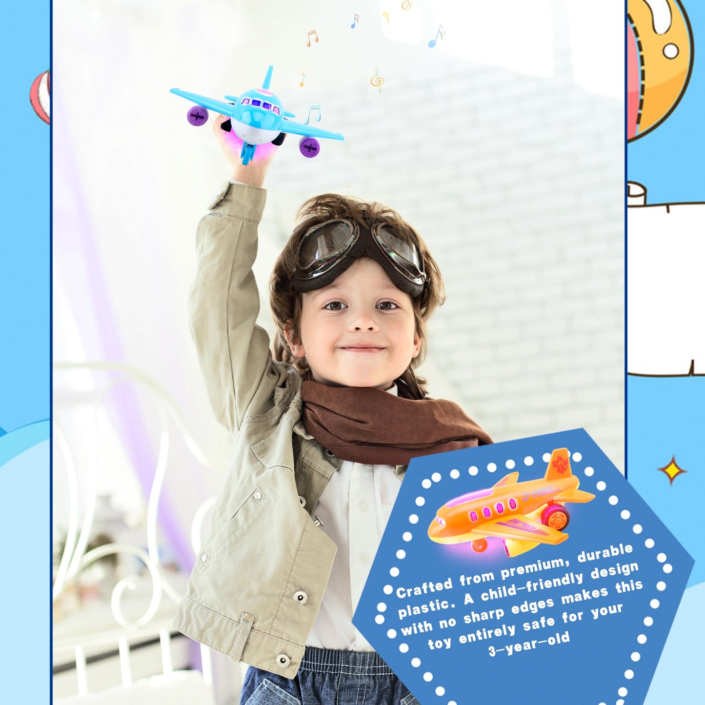 Drayear 4 Pack Light Up Airplane Toys Friction Powered Push Airplane Toy with Lights and Sounds for Kids Birthday Christmas Children's Day Gift Early Educational Toys
