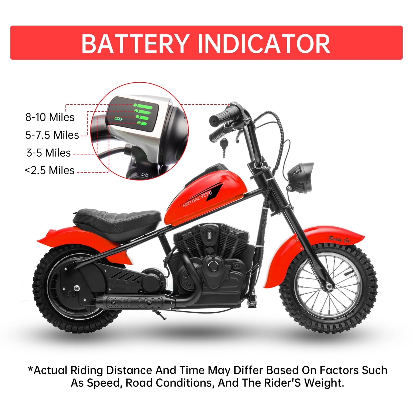 Electric Dirt Bike, 15 Mph & 150lb Max, 24V Ride On Toy for Big Kids w/Led Lights & Power Display, Chain-Driven Motor, Twist-Grip Throttle, Shock Springs, Handbrake, 12" Air-Filled Tires, Red
