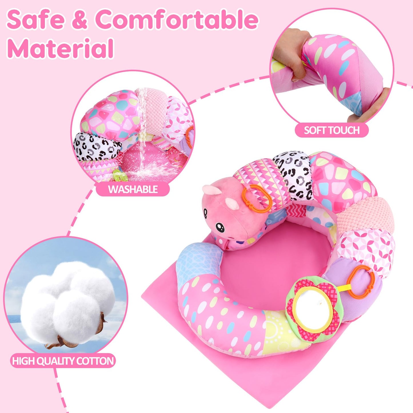 2 in 1 Baby Tummy Time Mat & Support Seated Pillow Infant Newborn Toys 0 1 2 3 4 5 6 Months Pink Caterpillar Sensory Developmental Playmat 0-6 3-6 12 Month Mirror Babies Girls Shower Easter Gifts
