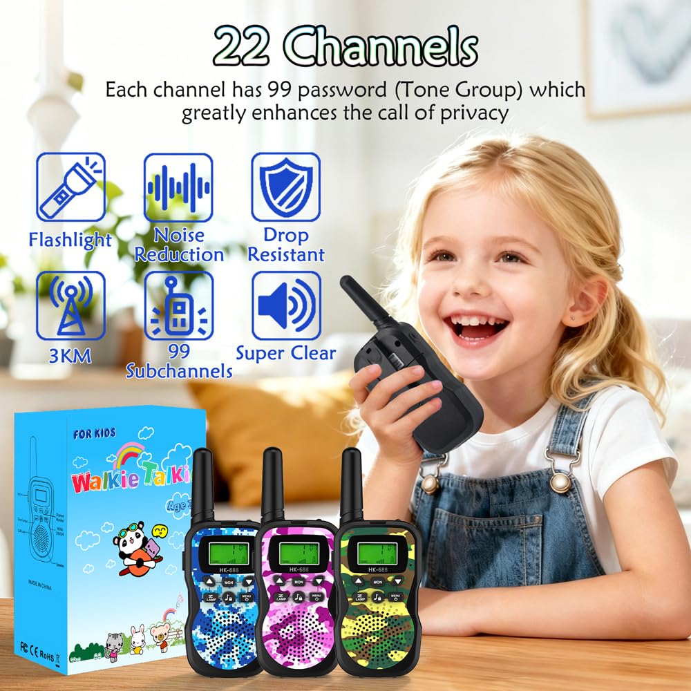 Huaker Kids Walkie Talkies,3 Pack 22 Channels 2 Way Radio Toy with Flashlight and LCD Screen,3KM Range Walkie Talkies for Kids Outside Adventures, Camping, Hiking
