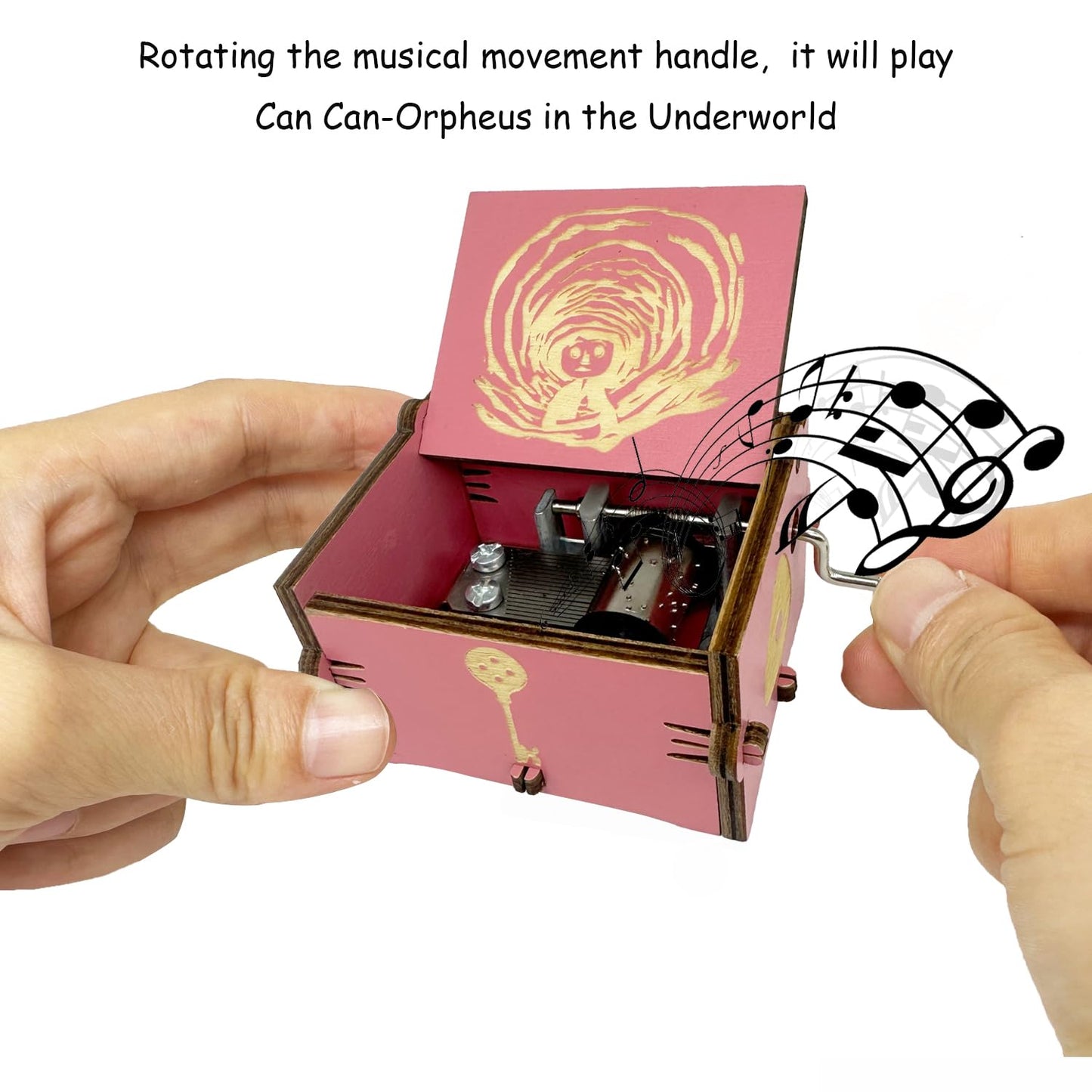 Music Box with Image Engraved Wooden Gifts Mini Musical Box Play Can Can - Orpheus in The Underworld for Birthday/Anniversary/Valentine's Day/Christmas (Pink)