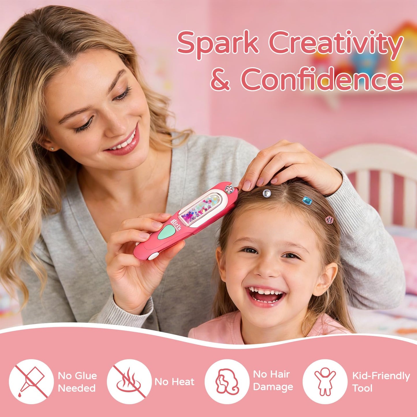 CLFORLORGN Hair Gem Stamper Kit for Girls, Reusable Hair Bling Gems Styling Set with Rhinestones, Easy DIY Hair Accessories Toy, Birthday & Christmas Gifts for Girls Ages 4–12 Year Old