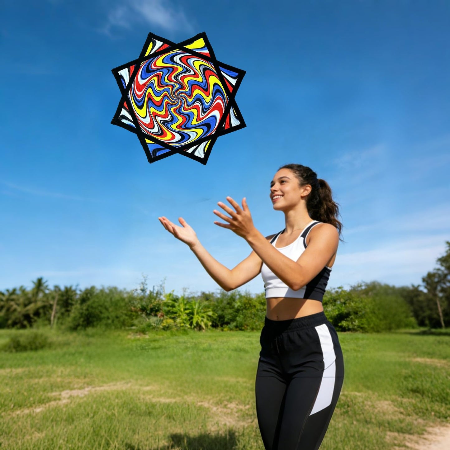 Bailitoy 24 Inch Spinning Cloth Flow Star for Beginners to Advanced Easy to Spin & Do Tricks,Double-Sided Pattern for Juggling,Dance,Festival & Outdoor Play (Blue)