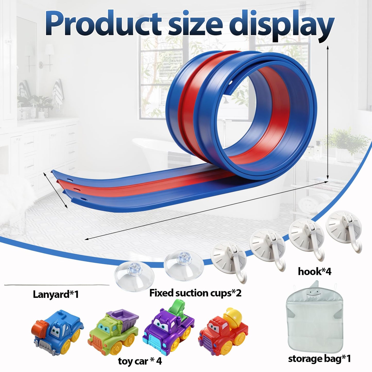 Bathtub Race Track Race Car Bath Toy Set,12PCS Kids Bath Toys，Three-Track Suction Cup Flexible Race Track Toys for Kids,Racing Gifts,Compatible with Hot Wheels & Diecast 1/64th Cars,Including net Bag