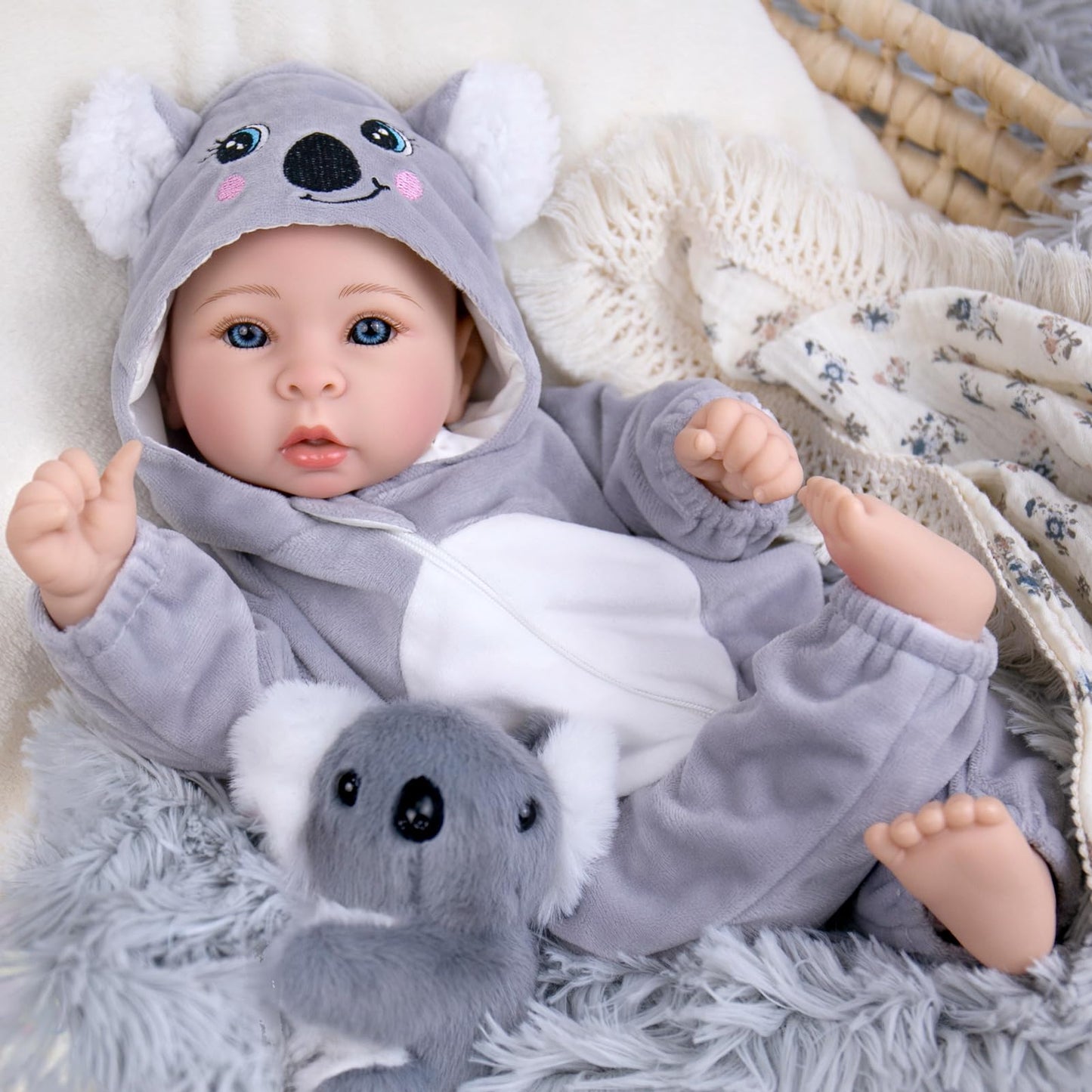Aori 17 Inch Lifelike Baby Dolls Realistic Doll with Real Life Lightweight Soft Body & Grey Outfits, for Girls 3+ Role Play, Adoption Day, Photography Prop, Collectible