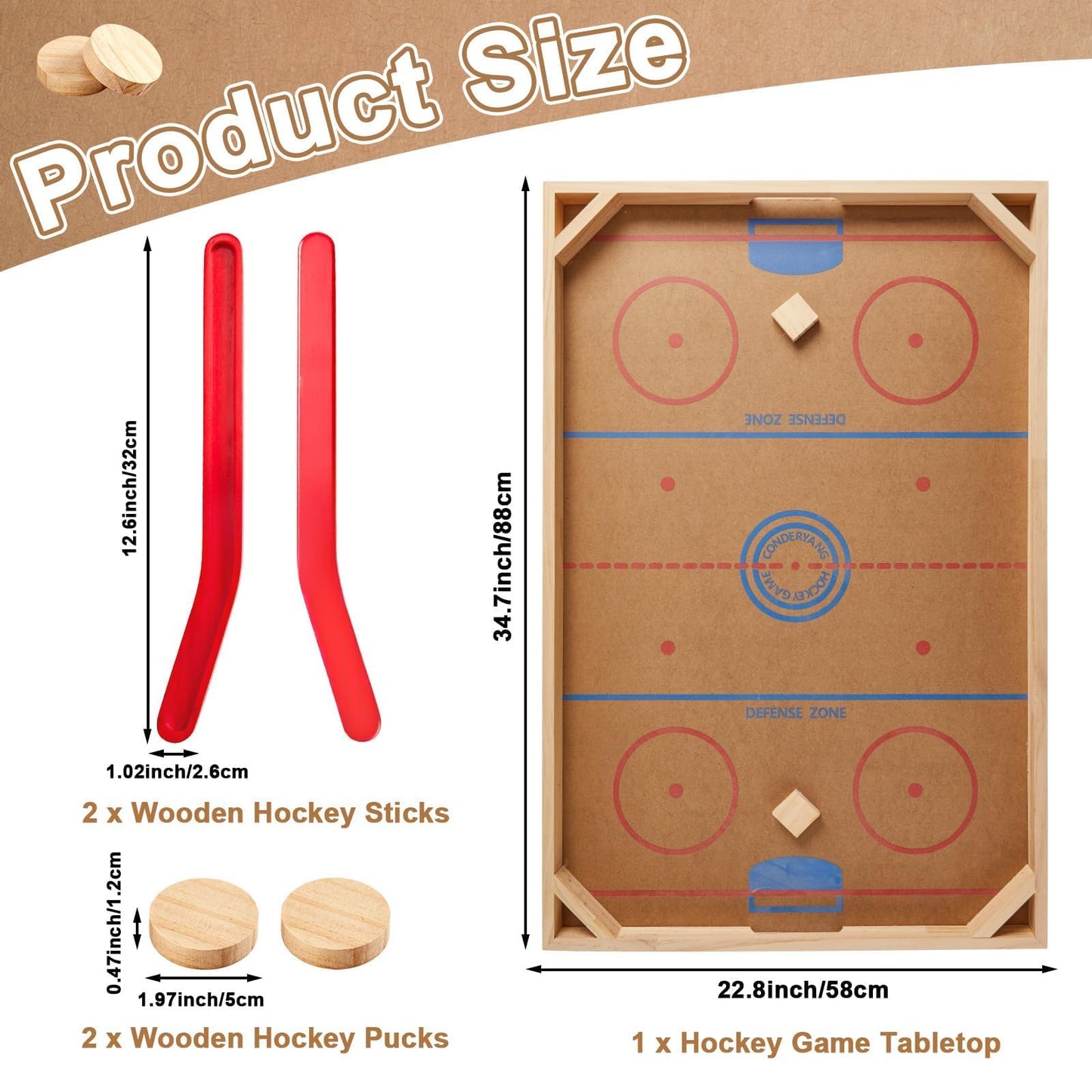 Conderyang Wooden Tabletop Hockey Game Includes 1 Wooden Game Board 2 Hockey Sticks and 2 Pucks Indoor and Outdoor Sports Board Games for Kids Children Adults Family