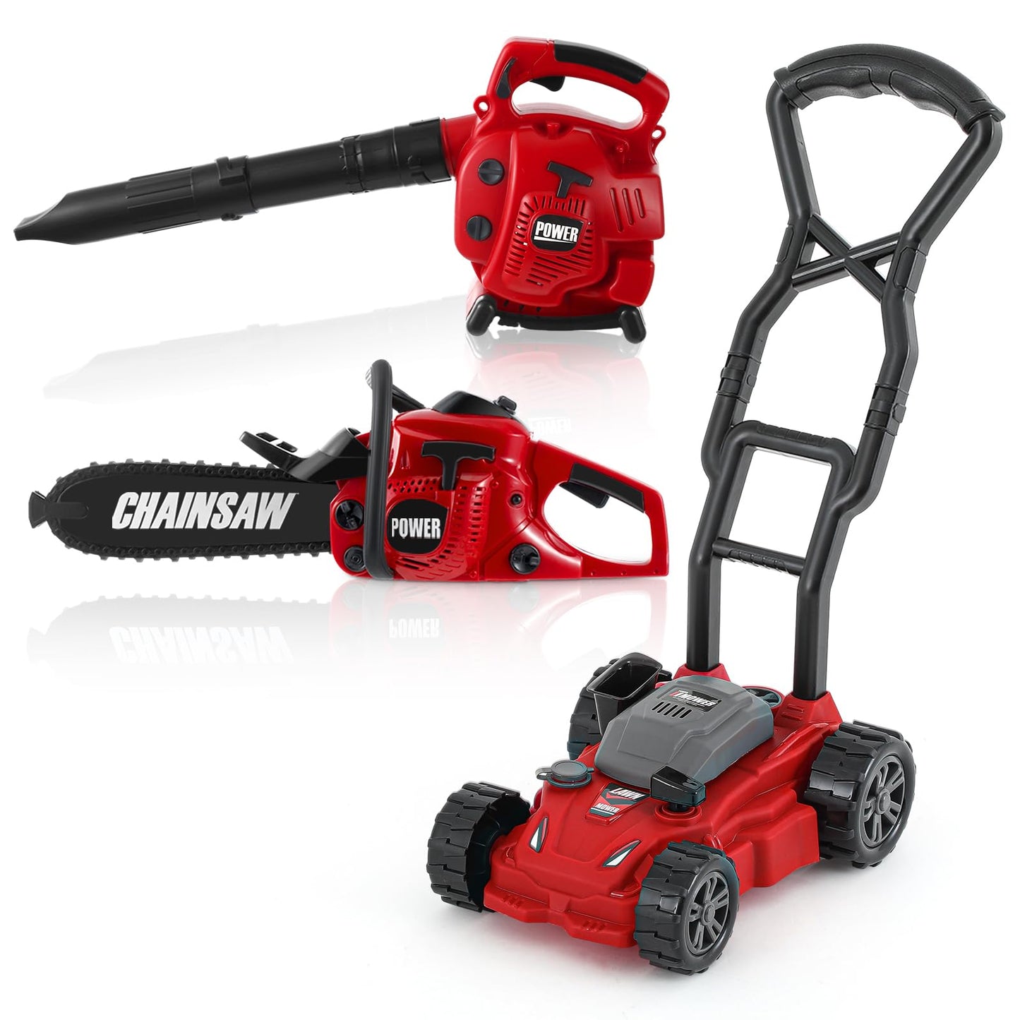 Arrowbash 3-in-1 Kids Gardening Toy Set, Toy Leaf Blower & Chainsaw & Push Lawn Mower with Realistic Sound, Outdoor Backyard Play Educational Learning Birthday Summer Gift for 3-8 Boys Girls
