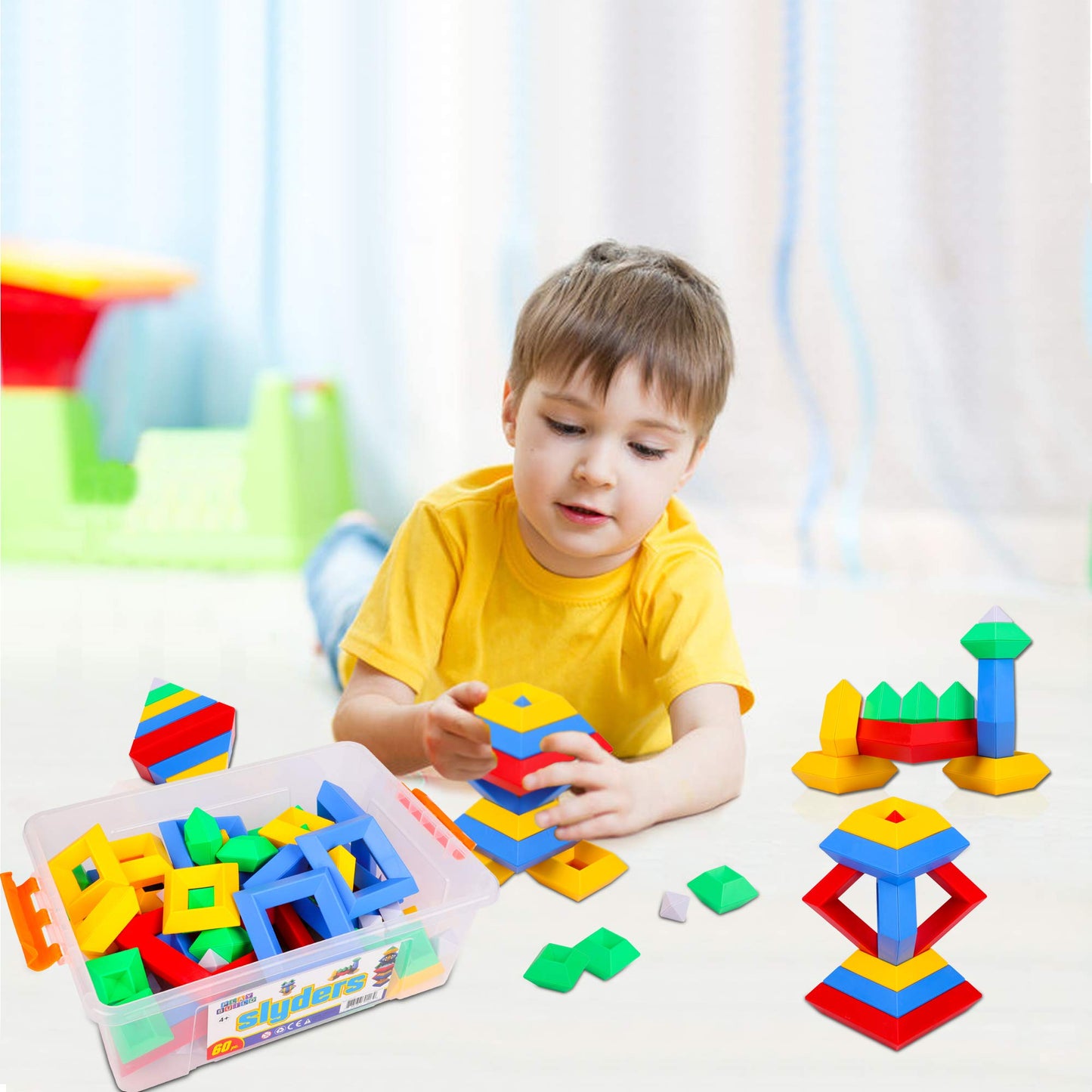 Play Build Slyder Set: 60 Pieces 3D Pyramid Building Blocks, Geometric Stacking Toys for Kids Ages 4+ - Creative Early Childhood STEM Educational Toys for Preschool Boys and Girls