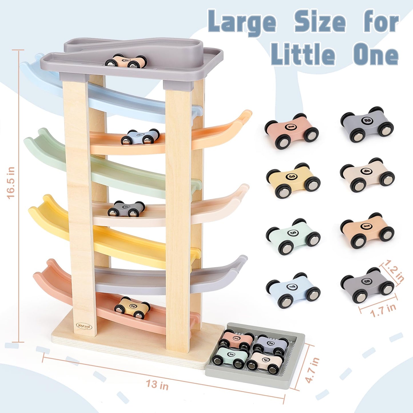 Joyreal Montessori Toddler Toys for 1 2 3 Year Old - 7 Level Wooden Car Ramp Racer Toys with 8 Mini Cars & 2 Garages - Christmas Birthday Gifts for 2 Year Old Boys and Girls