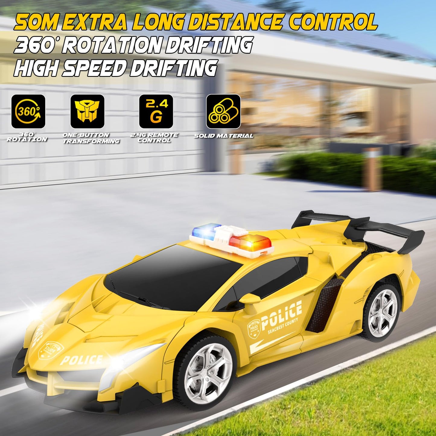 Britik Transform Remote Control Car - Rc Cars, One-Button Transforming, 360° Rotation Drifting, 2.4ghz 1:18 Scale, Gift Kids Aged 4-6 Year Old Boys/Girls, Police Car Yellow
