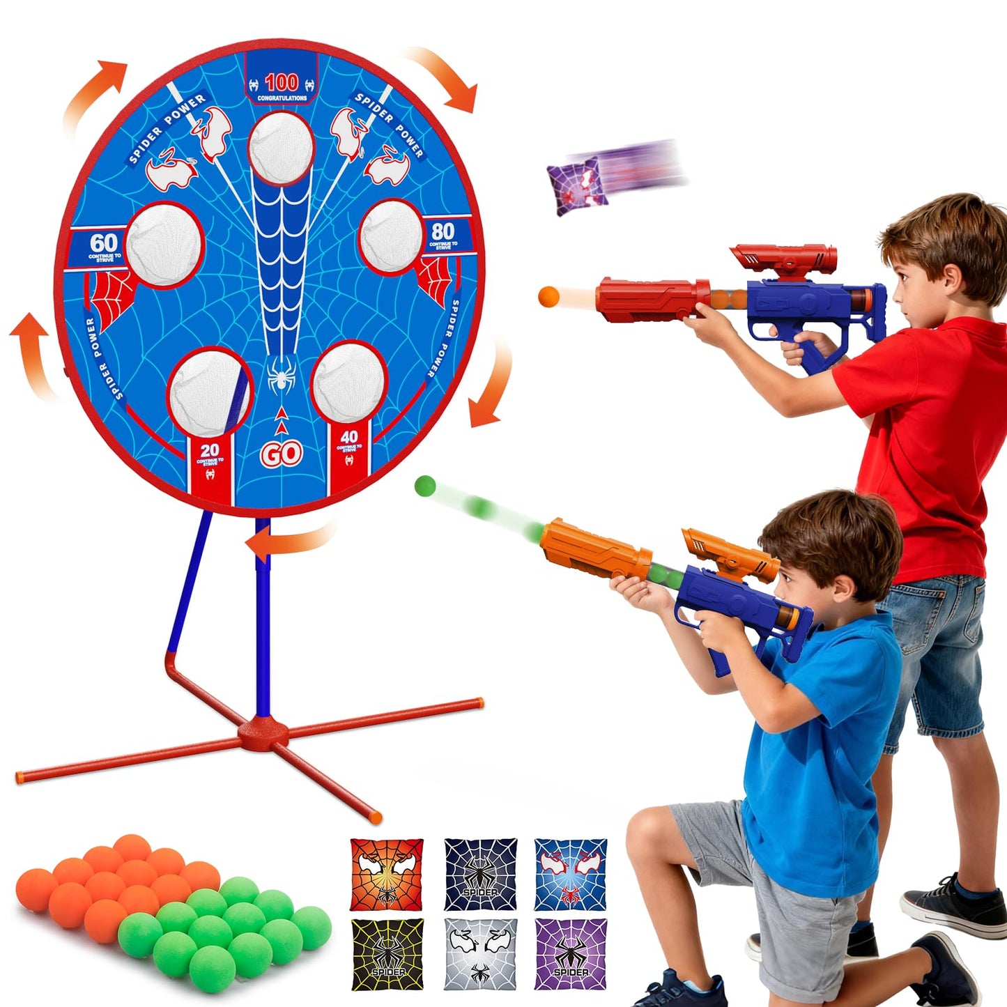 Spider Upgraded 2-in-1 Shooting Games Toys: Rotating Target, 2 Air Blasters & 24 Foam Balls, Bean Bag Toss Game for Kids, Indoor Outdoor Yard Party Games for Boys Girls 4 5 6 7 8 9 10+ Year Old Gift
