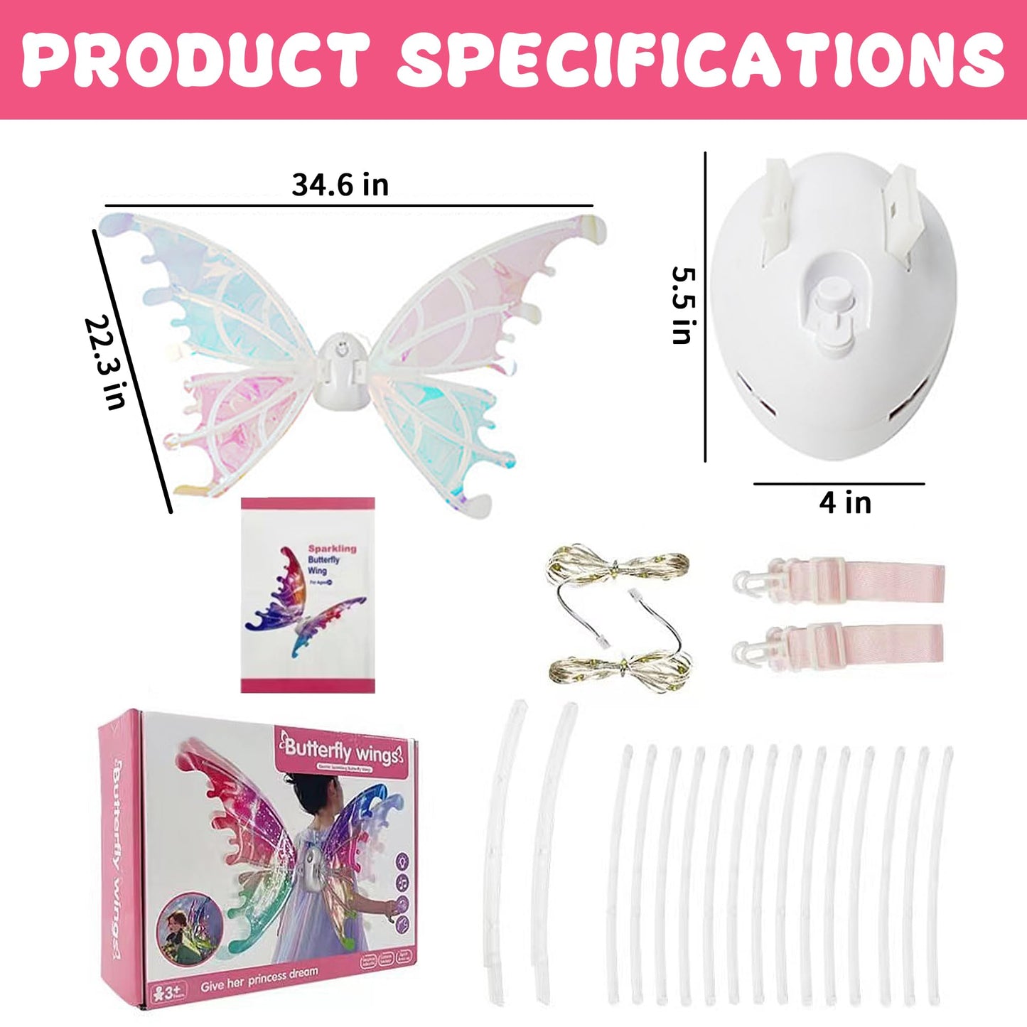 ONEVIVE Electric Fairy Wings for Girls, LED Light Up Butterfly Wings With Music Princess Angel Costume Christmas Party Dress Up Thanksgiving Gift for Girls 4 5 6 7 8 9 Year Old