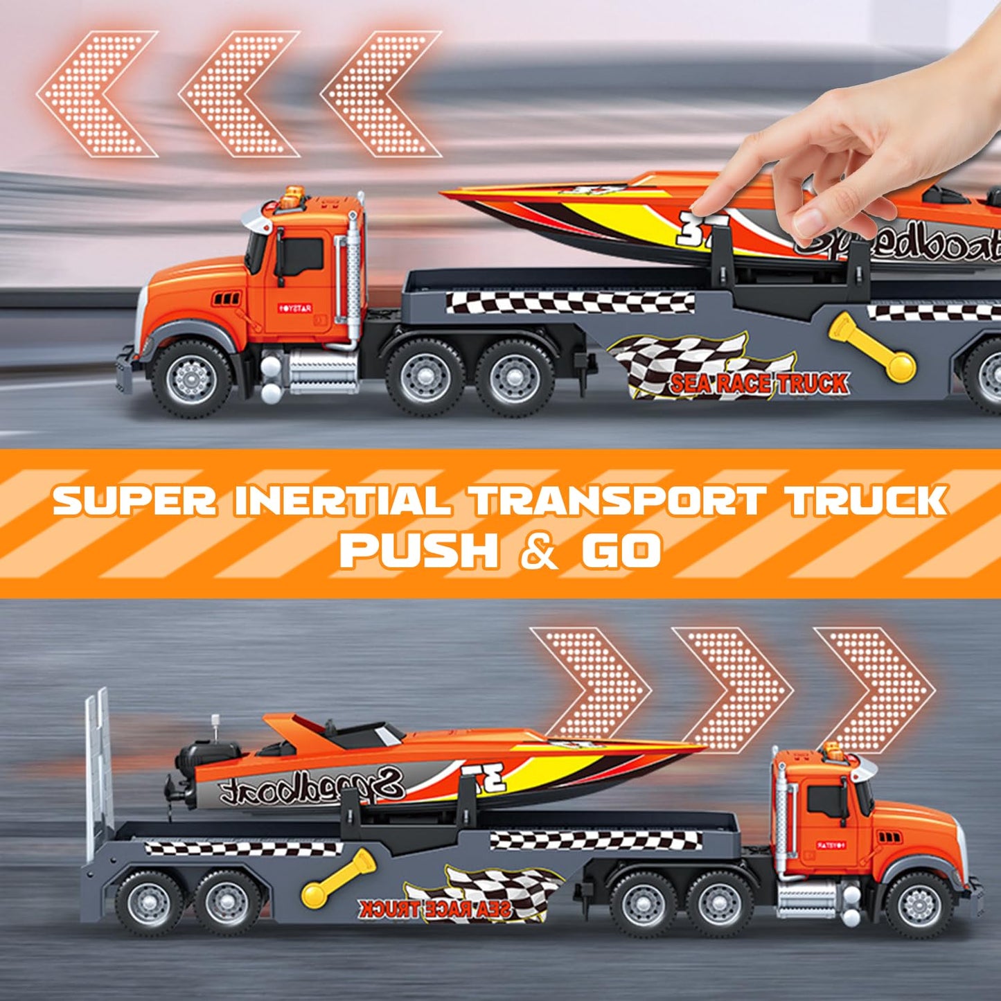 Kids Toys for 3 4 5 6 Years,21" Semi Transport Truck Toy with Speedboat Vehicle Cars, Friction Powered Extra Large Truck Vehicle with Lights & Sounds for Boys Girls Toddlers Christmas Birthday Gifts