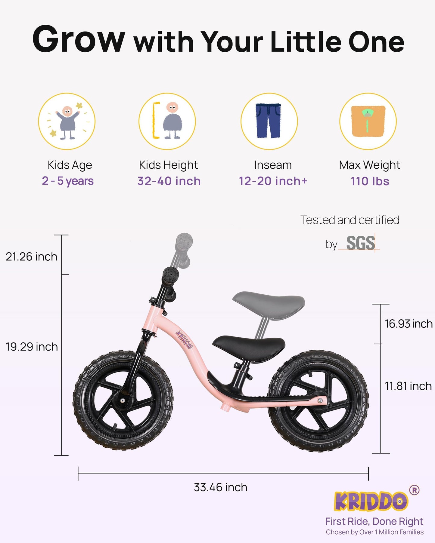 KRIDDO Toddler Balance Bike 2 Year Old, Age 24 Months to 5 Years Old, Early Learning Interactive Push Bicycle with Steady Balancing, Gift Bike for 2-5 Boys Girls, Pink