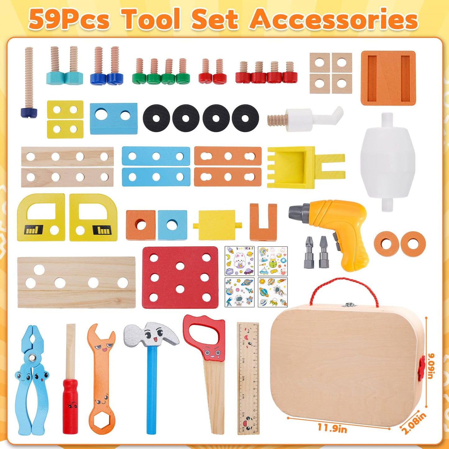 59Pcs Kids Tool Set Toy for Boys - Montessori STEM Wooden Play Tool Box Kit with Electric Drill with 2 Types Bits - Educational Christmas Birthday Gifts for Boys Toddlers Kids Age 3 4 5 6 Years Old