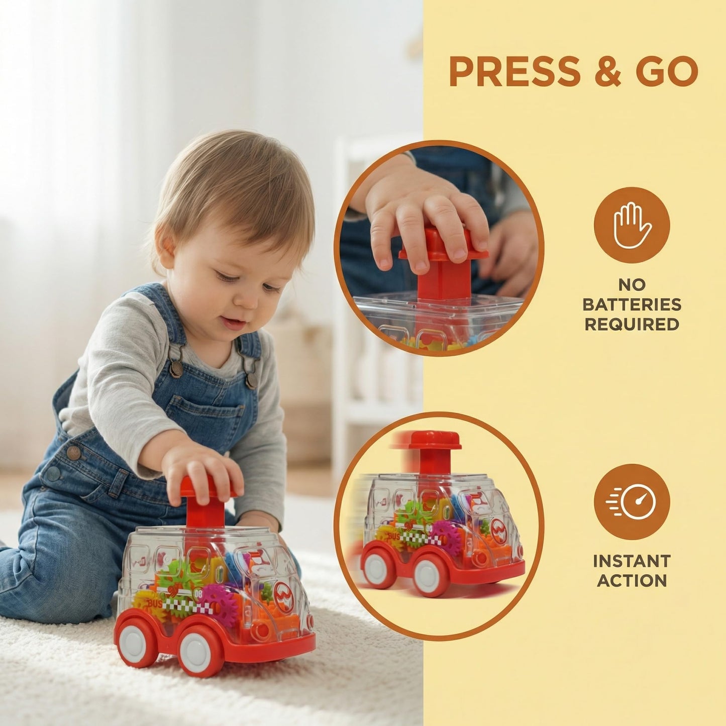 Toy Cars for Toddlers 1-3, 3 Pack Transparent Gear Press and Go Friction Powered Cars, No Battery Push Go Baby Car for 1 Year Old Boys Girls, First Birthday Gift