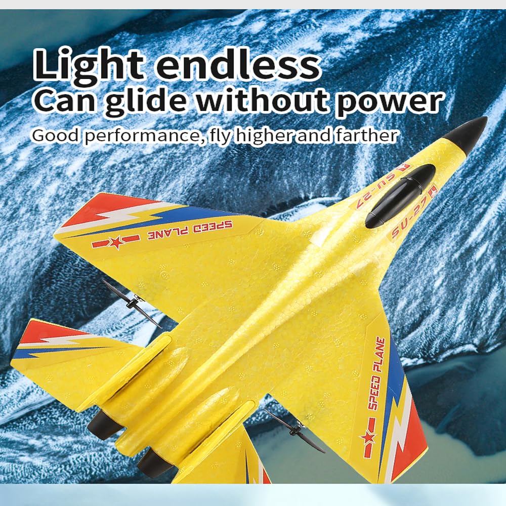 Yellow SU-27 RC Fighter Jet, Remote Control Airplane with Stunt Flight, Anti-Crash Foam Aircraft Model for 14+ Ages Teens and Adults, 2.4GHz Remote Control, 3 Batteries for Extended Flight Time