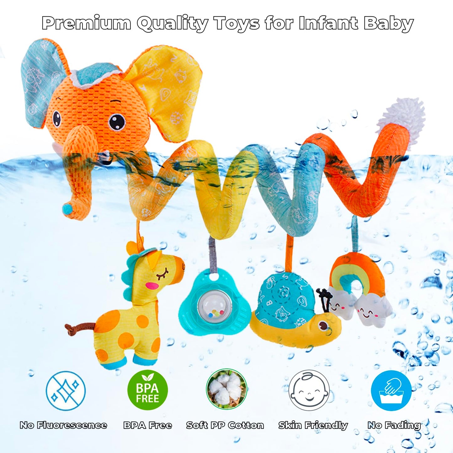 Car Seat Toys for Baby, Spiral Activity Stroller Toy for Infants 0-6 Months, Hanging Baby Toys Crib for Newborn 0 3 6 12 Months Developmental Toy with Music Box Rattle Squeaker- Orange Elephant