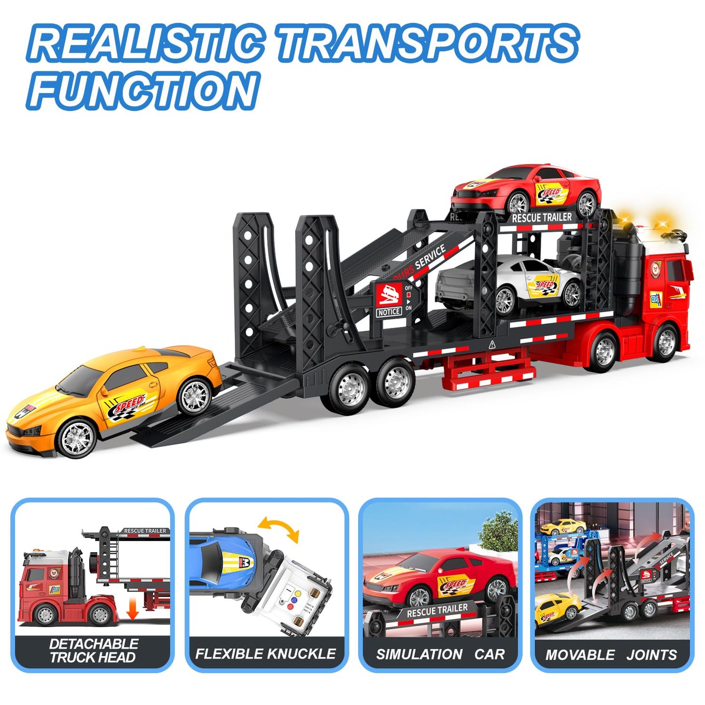DOWELLIN Carrier Truck Race Car Toys for 3 4 5 6 7 Years Kids, 21.5" Friction Powered Double Layer Semi Transport Truck Toy with 4 Racing Cars, Light&Sound Vehical Toys, Xmas Gift for Boy Girl-Red