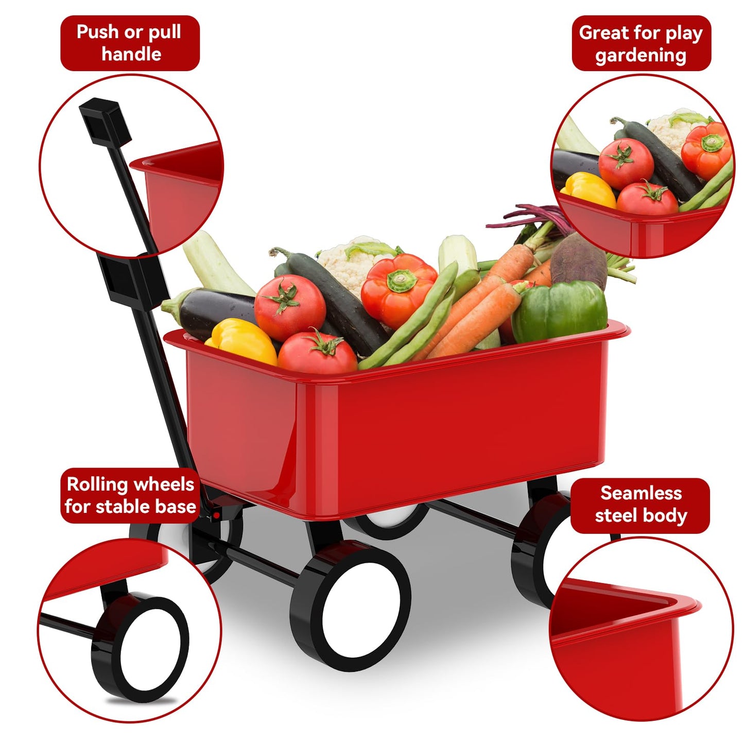 Qtioucp Kids Gardening Wheelbarrow Set, Metal & Wooden Garden Tools for Kids Ages 3-8, Real Wheelbarrows with Apron, Gloves & STEM Guide, Outdoor Backyard Garden Toy Gift