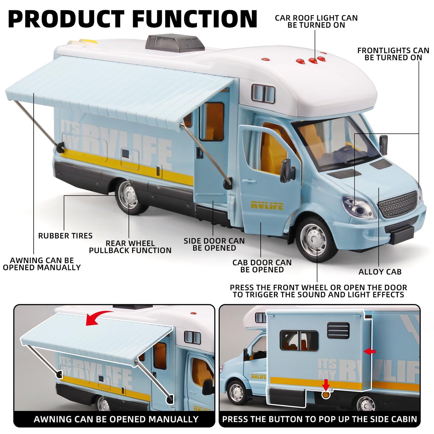 NOVAFUSION Toy Campers for Kids Toy RV,Die Cast Metal Toy Camper for 3 4 5 6 7 8 9 Year Old Kids, Pull Back RV Toy with Light and Sound,Camper Van Gifts for Kids, Trucks for Kids Ages 4-8（Blue）