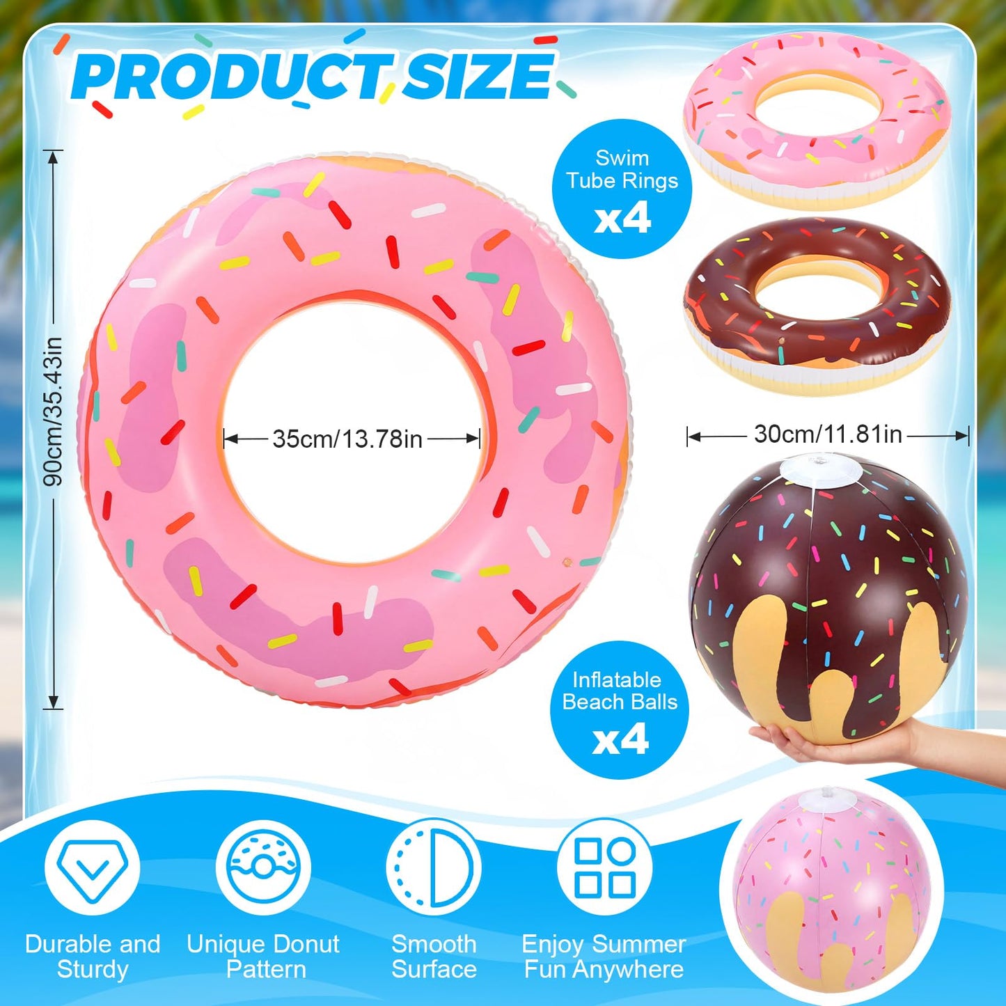 Soulchen 8 Pack Inflatable Donut Pool Floats 35.4" Donut Pool Floats Tubes with Beach Balls for Adults Doughnut Swim Tube Rings Blow up Floaties for Summer Swimming Beach Game Party Decors Supplies