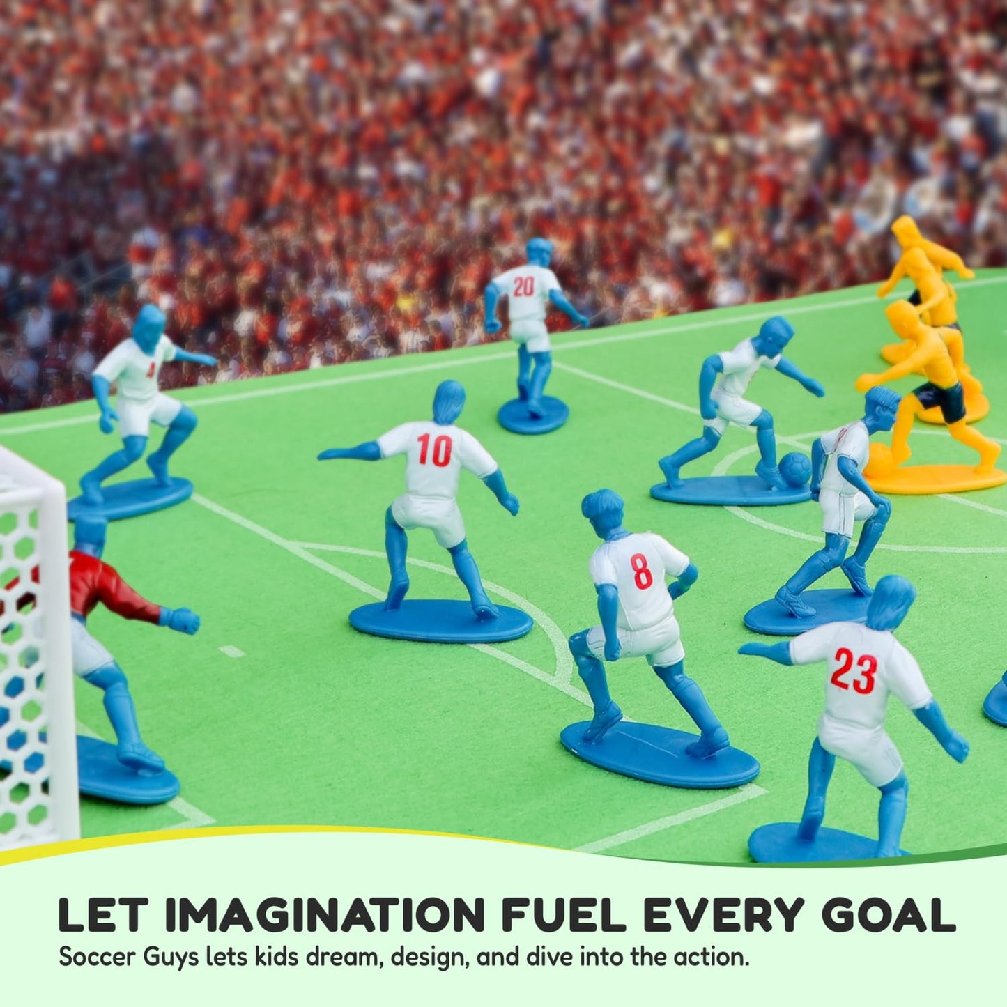 Kaskey Kids Soccer Guys, Blue vs. Yellow, 27 Pieces in Each Set, Includes 2 Teams, Accessories, and Travel Storage Case, Nostalgic Sports Action Figures for Imaginative Play, Ages 3 and Up