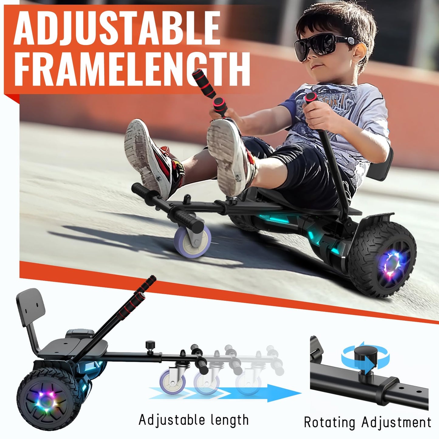 Scooter with Seat Attachment for Kids Adults, 6.5'' 8.5''Balancing Scooter with Bluetooth Speakers & Colorful LED Light with kart