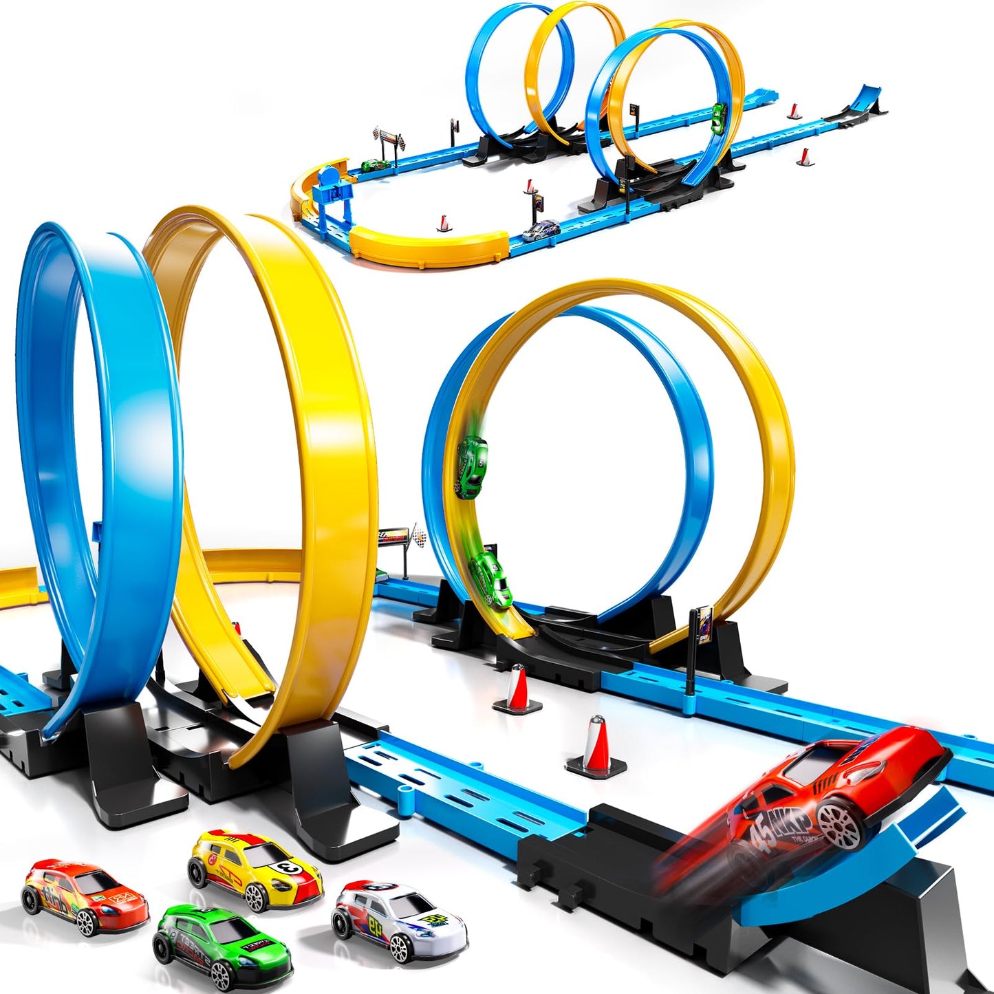 LILYBUDS Toy Car Track Gift Set for Boys Kids Age 3-5 4-7 8-12, Long Race Tracks with 4 Action Loops and 4 High-Speed Slot Die-Cast Race Cars, 35+ Pieces Race Tracks to Create Multiple Configurations