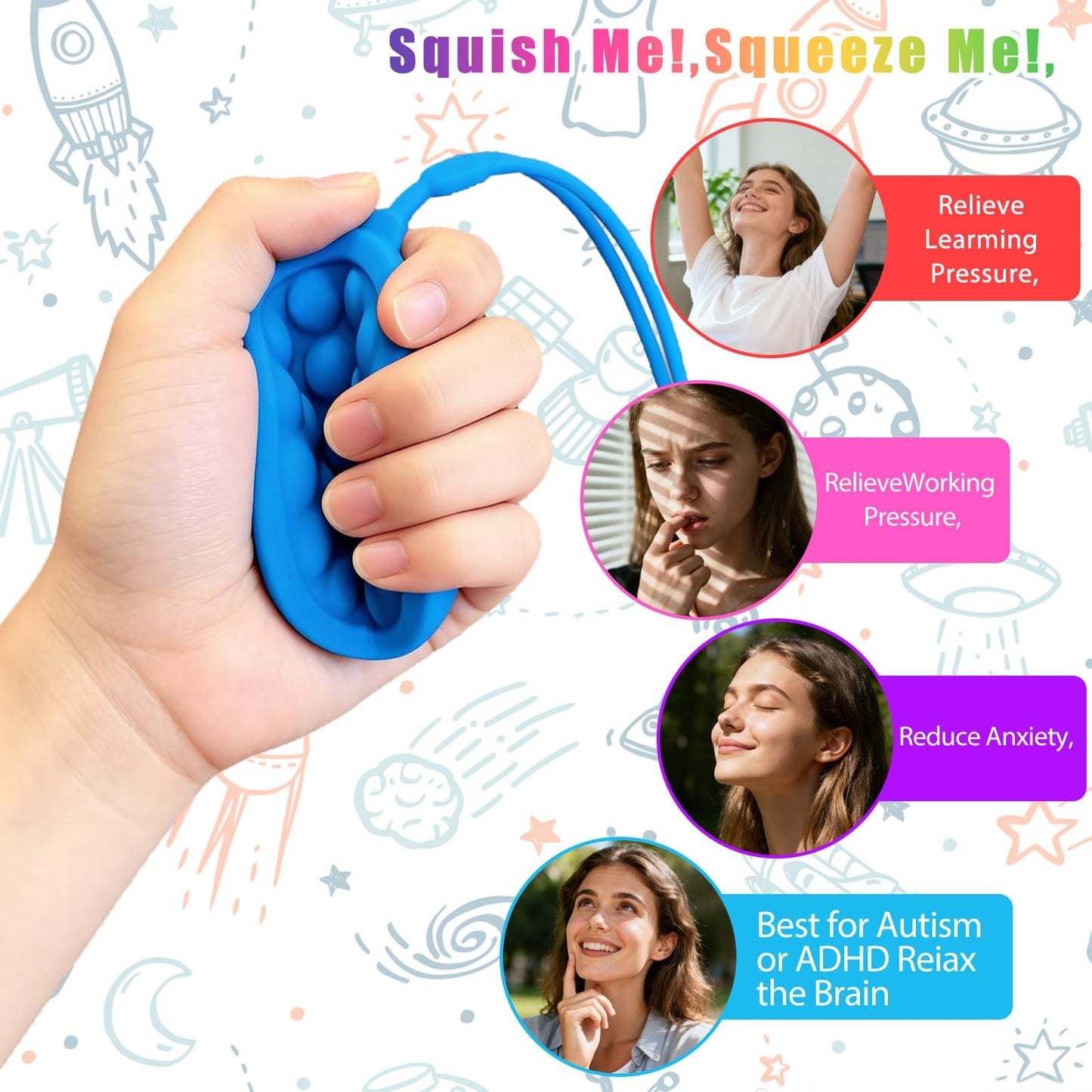 Instant Rebound Fidget Toy with Wrist Strap, No Flip Push Pop Sensory Toy, Continuous Press Bubble Toy for Kids and Adults, Silicone Stress Relief Toy, Keychain Fidget for Travel and School (Rainbow)